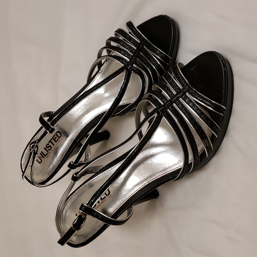 Unlisted Kenneth Cole Nick Name High Heel Shoes Strappy Black Silver Women's 9
